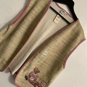 New Vintage XL Teddy Bear Embroidered Open Vest Soft Girl Coquette Cute b27